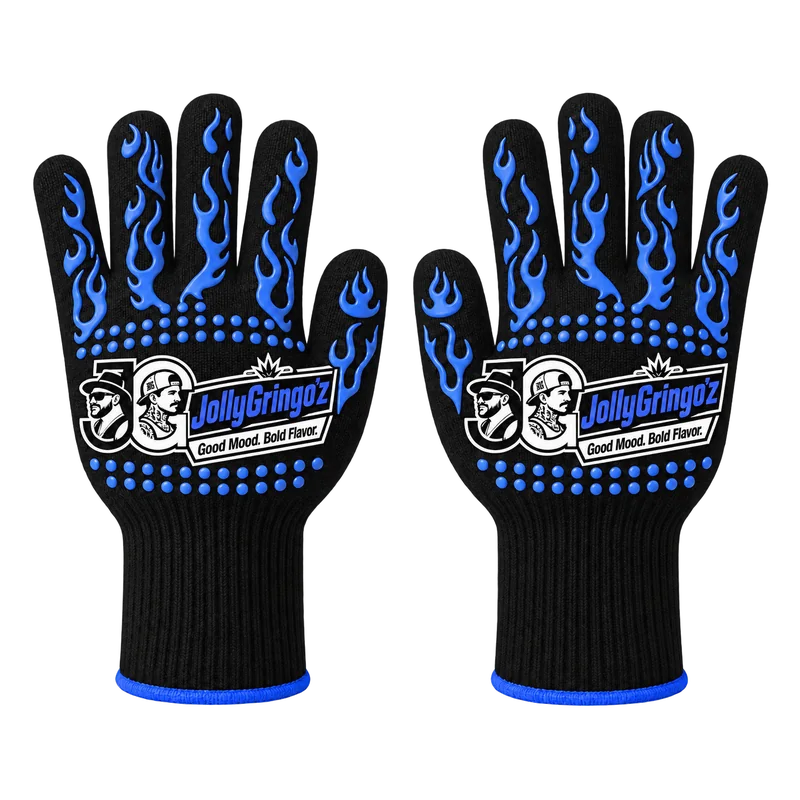 Black knit BBQ gloves with the horizontal JollyGringo'z logo in blue and white, blue flame grips