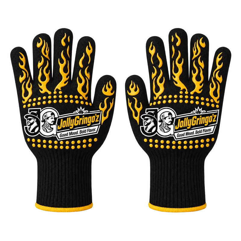 Black knit BBQ gloves with the horizontal JollyGringo'z logo in gold and white, gold flame grips