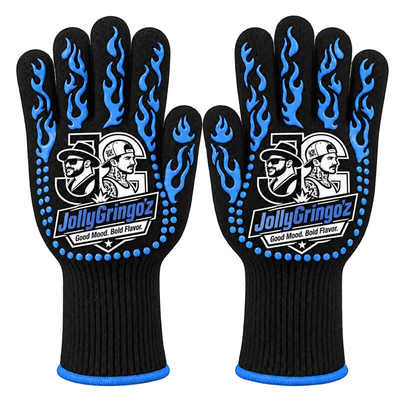 Black knit BBQ gloves with the stacked JollyGringo'z logo in blue and white, blue flame grips