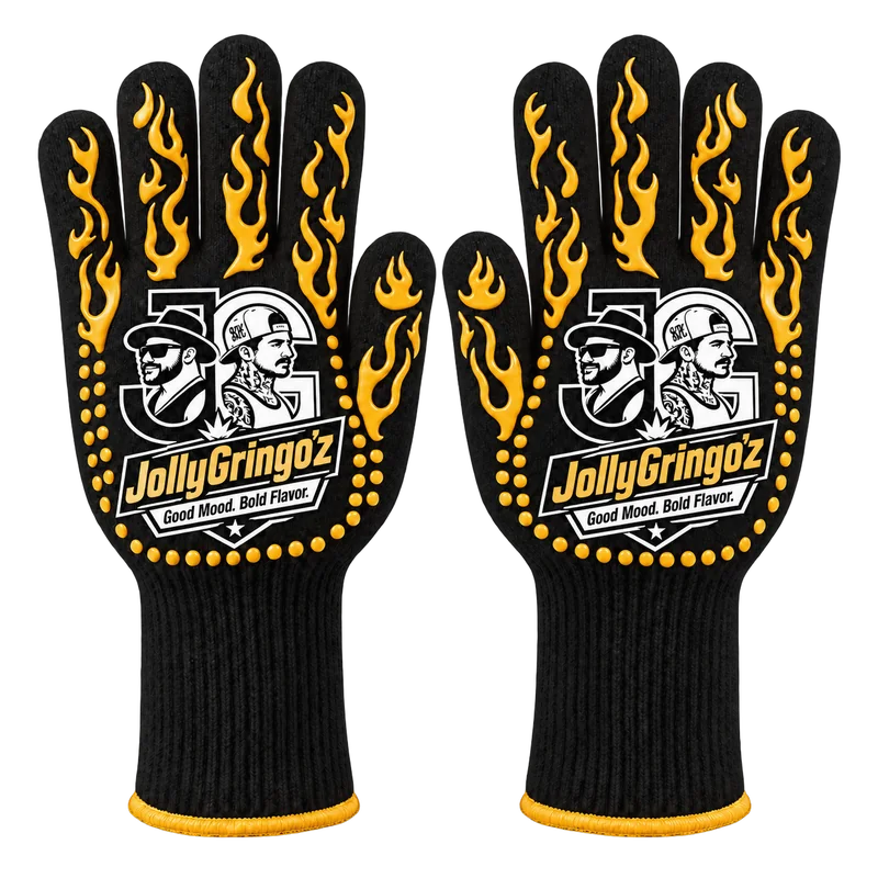 Black knit BBQ gloves with the stacked JollyGringo'z logo in gold and white, gold flame grips