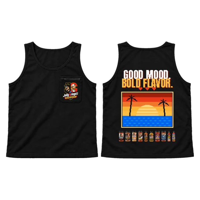 8-Bit Zip Pocket Tank, Black, badge logo pocket, front and back