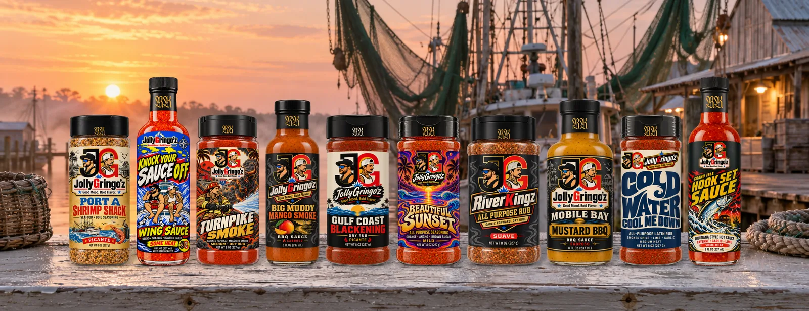 JollyGringo'z bottles lined up on a cypress log in a Louisiana bayou