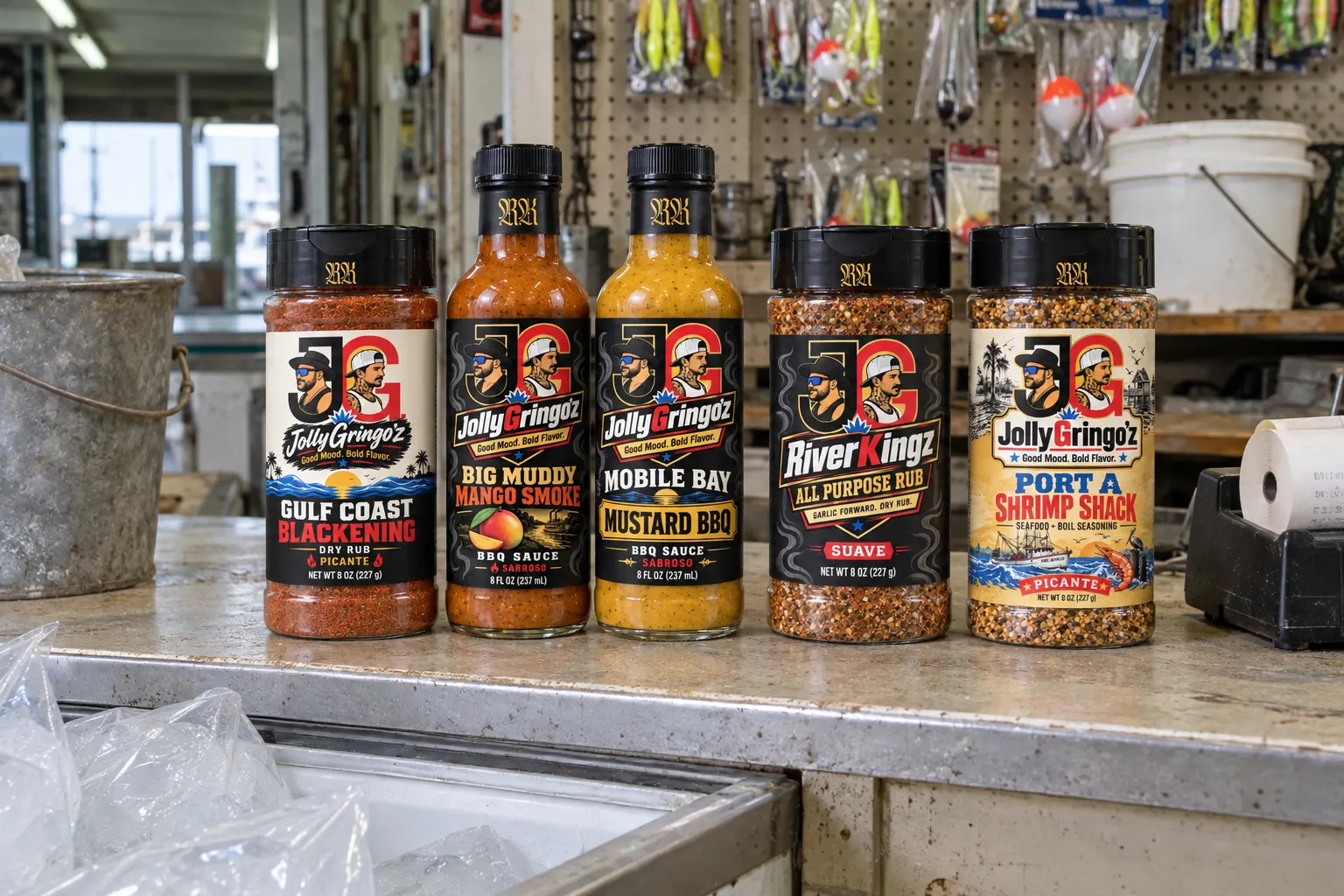 Five JollyGringo'z bottles on the counter of a bait and tackle shop