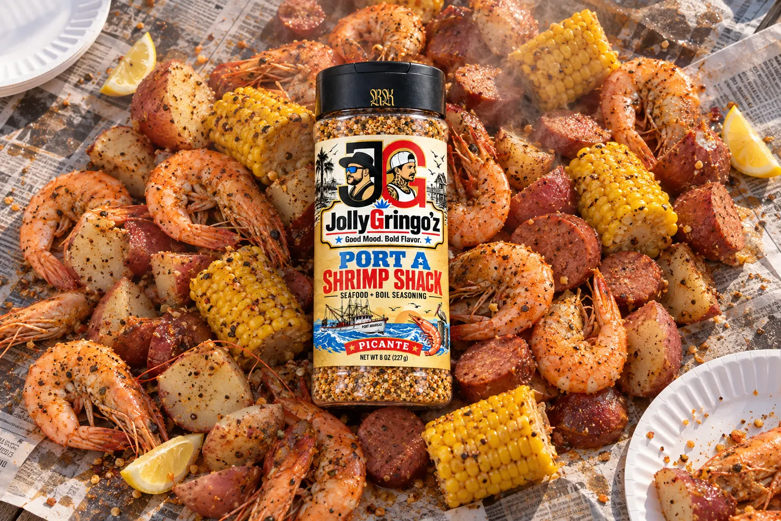 A seafood boil of shrimp, potatoes, corn and sausage spread on a table with a shaker of Port A Shrimp Shack