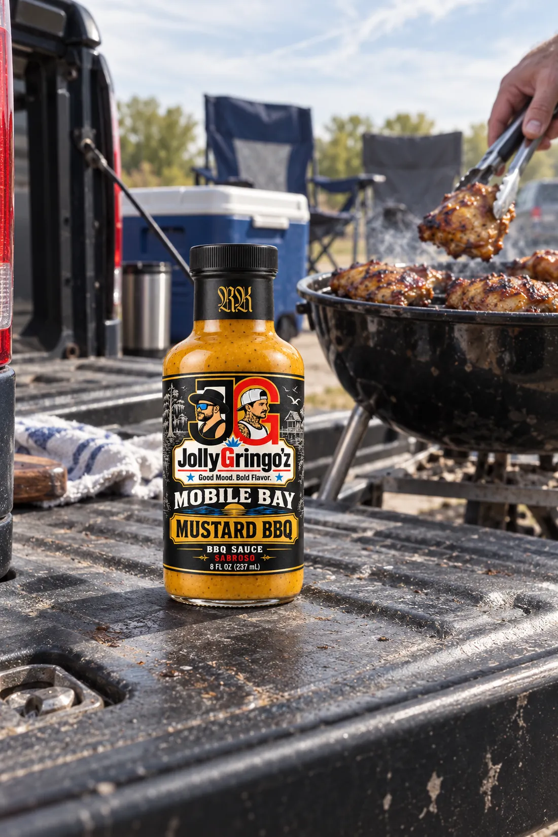 Grilling thighs off the tailgate at camp, Mobile Bay Mustard BBQ on the table