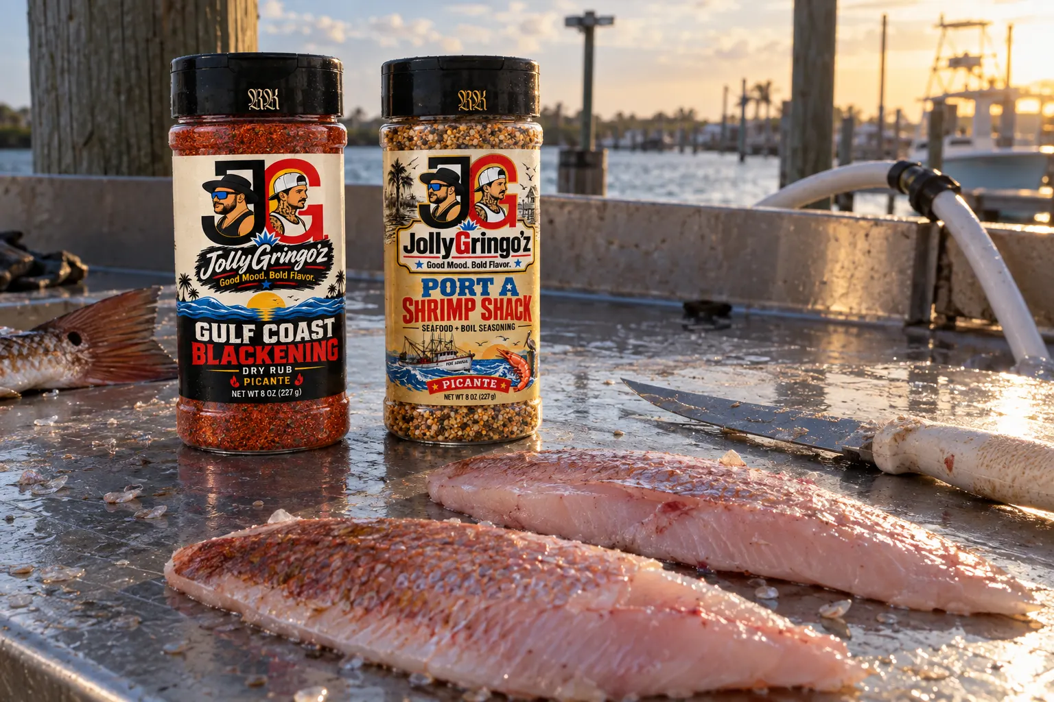 Fresh fish fillets on a dock cleaning table with Gulf Coast Blackening and Port A Shrimp Shack