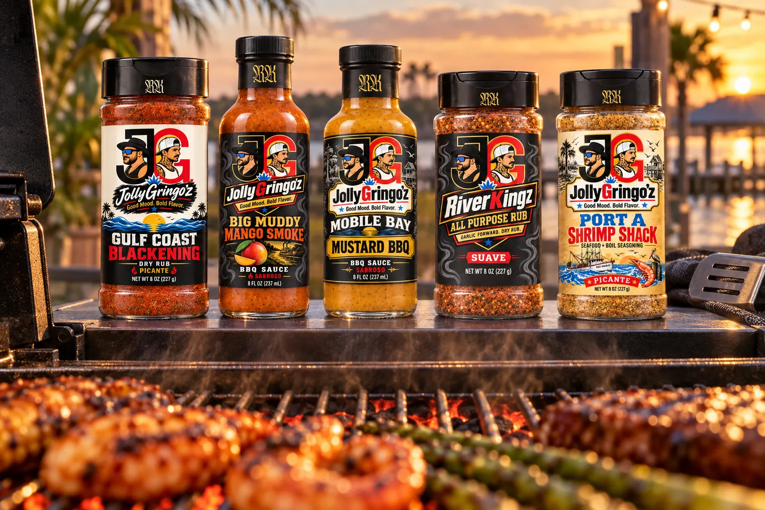 Five JollyGringo'z bottles lined up behind a grill of chicken at sunset