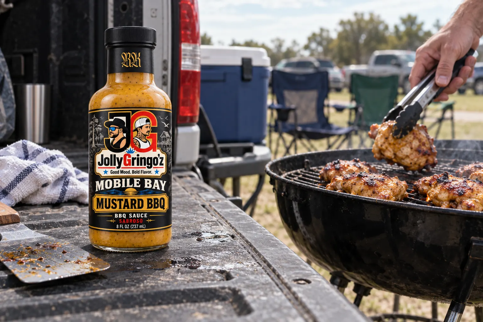 Chicken on a kettle grill at a truck tailgate with folding chairs and Mobile Bay Mustard BBQ