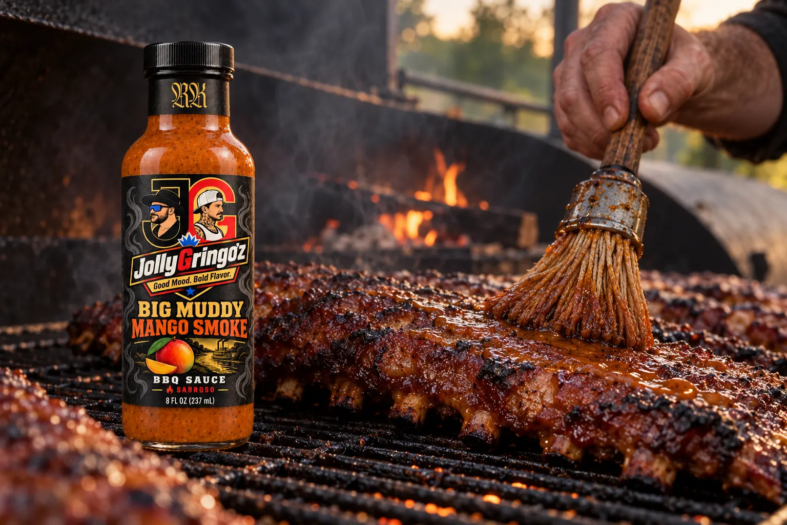 Ribs on a grill being brushed with sauce beside a bottle of Big Muddy Mango Smoke