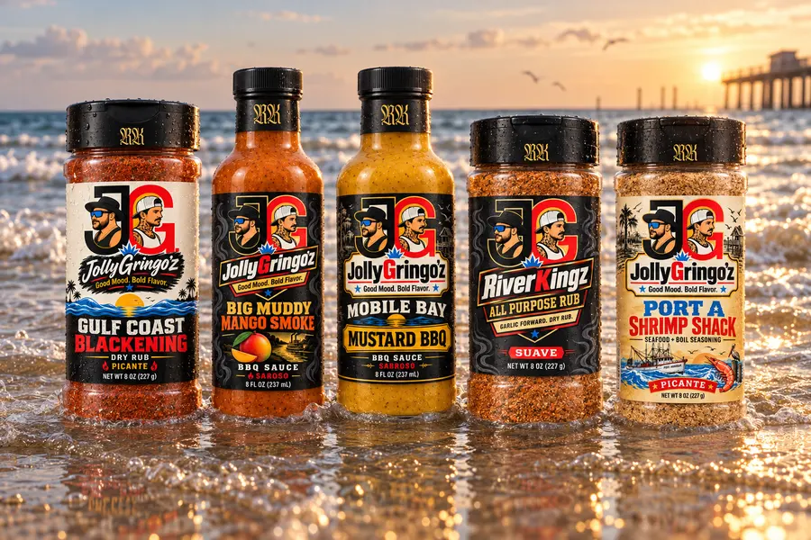 JollyGringo'z bottles lined up on the shore