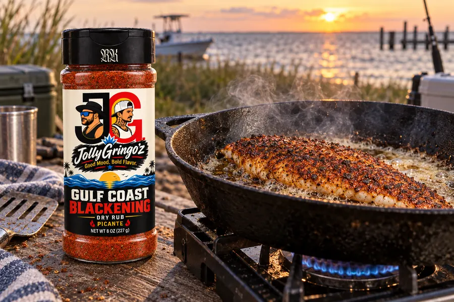 Shrimp searing in a cast iron skillet over a fire