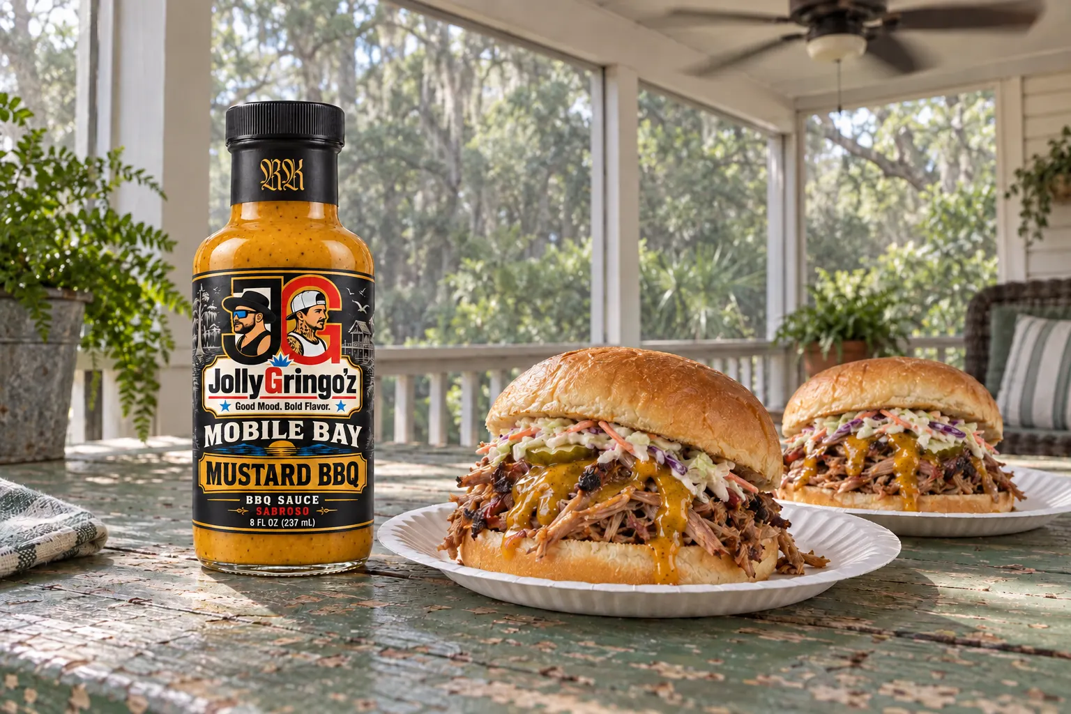 Pulled pork sandwiches on a screened porch beside a bottle of Mobile Bay Mustard BBQ