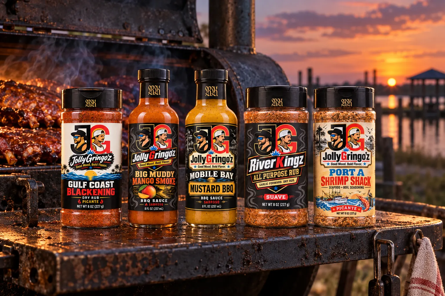 Five JollyGringo'z rubs and sauces on a smoker beside a rack of ribs at sunset