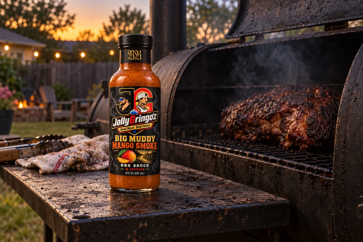 Ribs on a backyard smoker at dusk beside a bottle of Big Muddy Mango Smoke