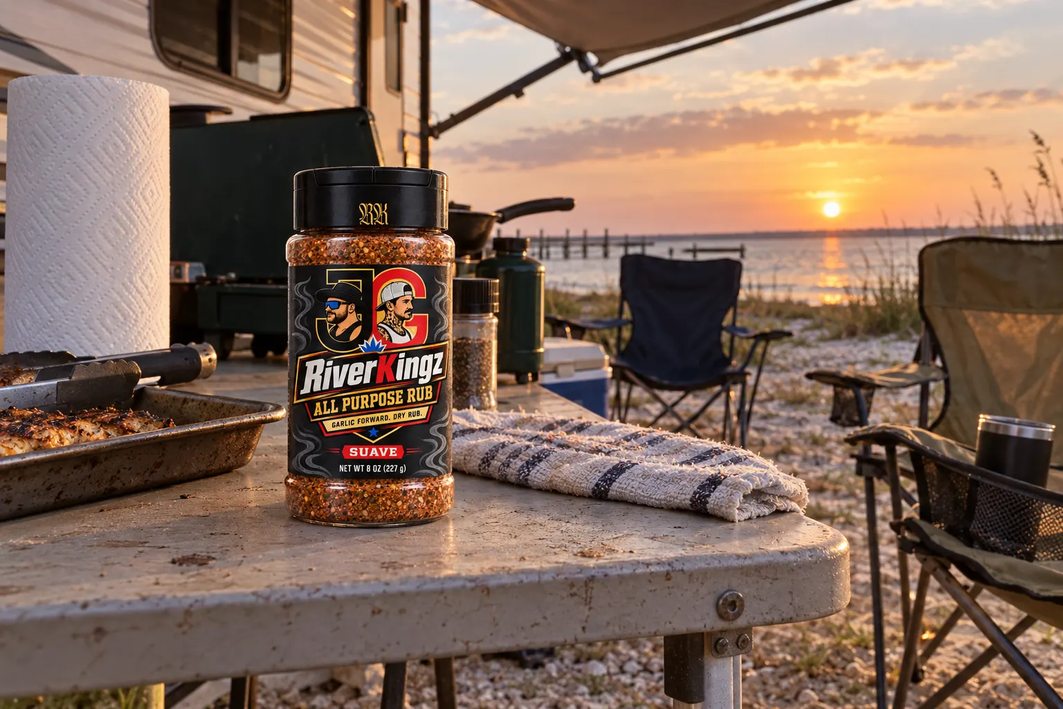 A JollyGringo'z bottle on the arm of a chair at sunset