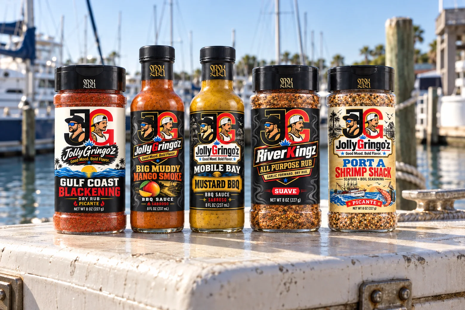 The full JollyGringo'z lineup on a marina dock