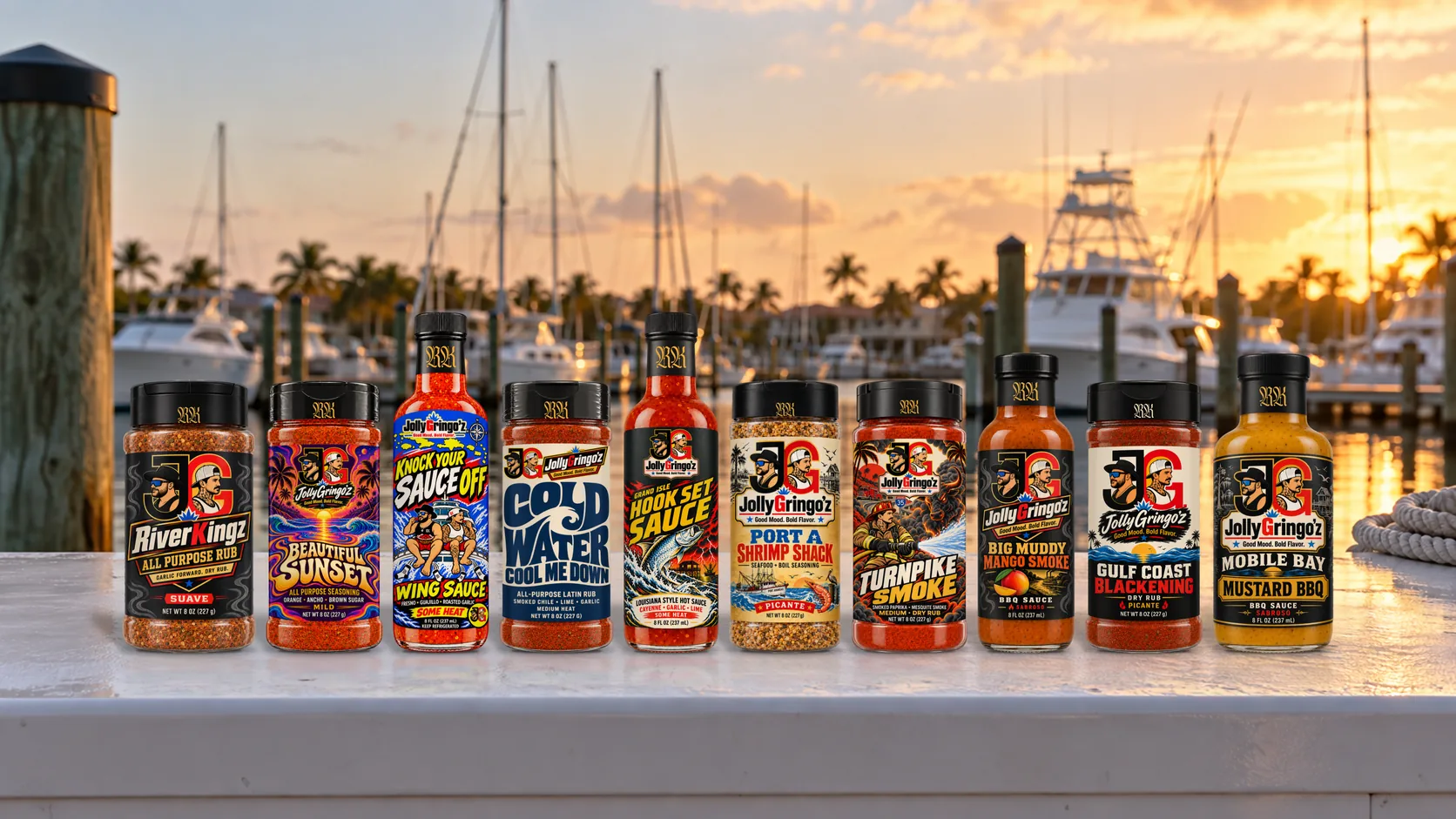 The ten JollyGringo'z Starting Lineup bottles lined up on a marina dock box at golden hour