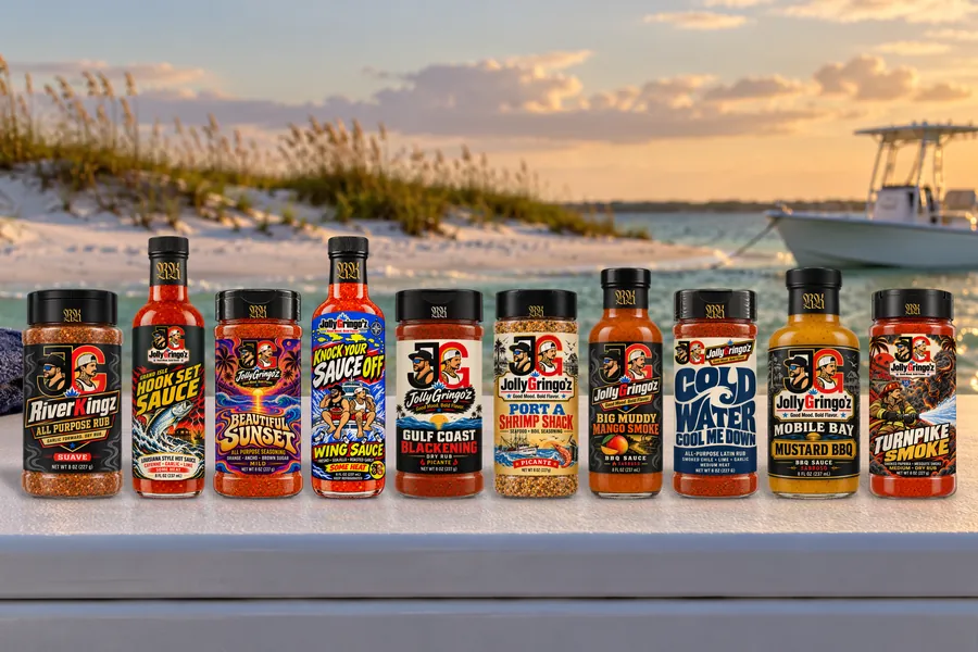 The six JollyGringo'z Starting Lineup bottles on a boat deck off a turquoise sandbar